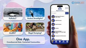 Civita App mobile interface showing digital 311 issue reporting for potholes, graffiti, and illegal dumping with crowdsourced community engagement features