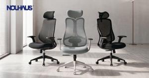 A premium home office chair collection by Nouhaus, featuring the Fluido X1, Strato X2, and Apertura models. The image displays three ergonomic office chairs in black and space grey mesh, designed for superior back pain relief and a sophisticated home offi