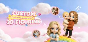 A happy mother opening a premium SnapFig gift box to reveal a custom 3D printed resin figurine made from a cherished family photo