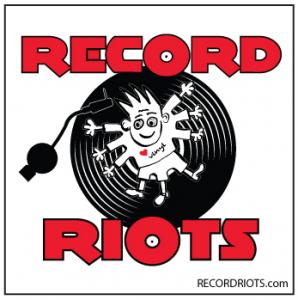 "Record Riot" printed in bright red with a frantic cartoon man in the middle with his arms flailing
