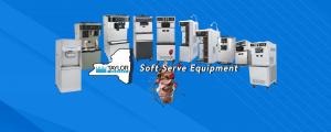 Taylor Upstate 2026 soft serve equipment lineup showing ten commercial soft serve machines including floor-standing and countertop models from Taylor and Spaceman, with a chocolate soft serve ice cream cone in the foreground, set against a blue background