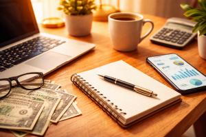 Laptop, notebook, pen, and financial charts on a desk representing digital financial planning and awareness.