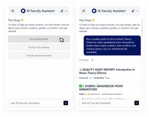 The LearnWise.ai Faculty Assistant showing a quality audit conversation inside the LMS, with a user prompt requesting a rubric and gradebook check and the agent returning a structured audit report.