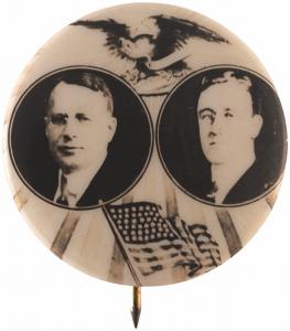 Cox & Roosevelt 1920 Democratic campaign jugate button, the most beautiful of all Cox/FDR varieties and the most coveted campaign button to be found, 1-7/8-inches diameter. Sold for $45,578