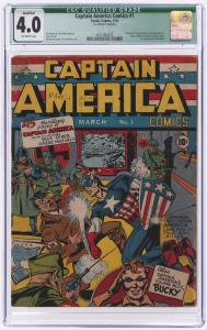 Coveted copy of Captain America Comics #1 (Timely Comics, March 1941), with a CGC Qualified Grade of 4.0, a key Golden Age comic and the overall top lot of the auction. Sold for $71,554