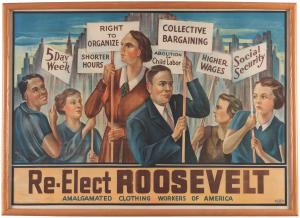 FDR “Re-Elect Roosevelt” 1936 campaign poster, a phenomenal example of Depression-era art that evokes the masterful WPA murals of that period, 24 inches by 34 inches. Sold for $44,428