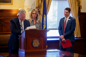 Gov. Brad Little signing SB 1227, guidance for AI in schools, with Superintendant for Public Instruction Debbie Critchfield and Sen. Kevin Cook, R-Idaho Falls