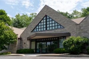 Exterior of clinical building entrance at Indiana Center for Recovery