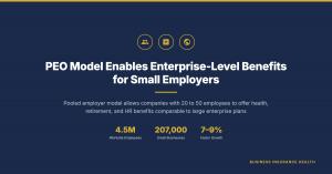 Infographic showing the PEO model for small employers, with key stats: 4.5 million worksite employees, 207,000 small businesses, and benefits categories including health, retirement, HR support, and claims advocacy.