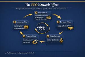 Circular flow diagram illustrating the PEO network effect: more small employers join, claims pool grows, negotiating leverage with carriers increases, per-employee costs decrease, competitive pricing attracts additional employers.