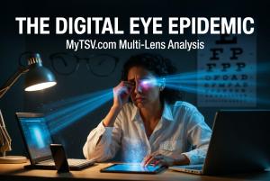 Woman experiencing digital eye strain and fatigue while working on multiple glowing screens at night, illustrating The Digital Eye Epidemic – MyTSV.com multi-lens analysis on screen habits, physiological vision damage, and optometry solutions.