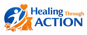 Healing Through Action Logo of person and dog with paw prints and reaching up to a heart