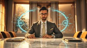 A sovereign wealth advisor commands AI holographic interfaces at a luxury boardroom table — representing AI augmentation over colonization in elite wealth management.