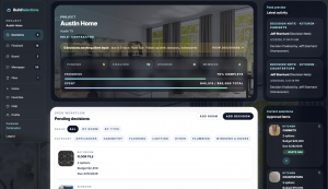 BuildSelections construction selection software dashboard showing pending material decisions, project progress tracking, and budget management for professional builders and designers.