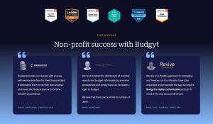 Customer testimonials from nonprofit finance leaders describing how Budgyt budgeting software improves reporting, collaboration, and financial planning