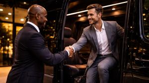 San Diego to Palm Springs black car service chauffeur greeting client for luxury ride
