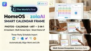 A 3-in-1 Smart Calendar Frame showing photos, calendar, and art with multi-screen sync capabilities in a home setting.