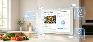 ZolaHomeOS smart display in a kitchen showing AI recipe generation and icons for ISO 27001, GDPR, and CCPA compliance.