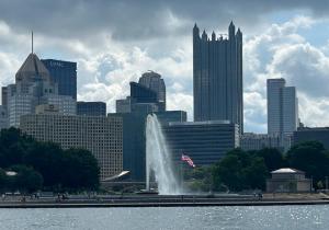 Pittsburgh skyline with Point State Park fountain and the confluence of the three rivers