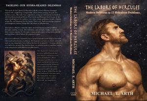 The image depicts a well-muscled Hercules on the front cover of the book looking up for inspiration. The back cover shows Hercules fighting the Hydra with a description of the book.