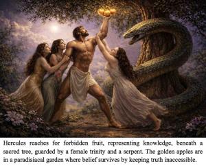 Hercules is reaching for the forbidden fruit--the golden apples, guarded by a serpent and a trinity of nymphs