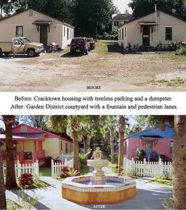 The two images show slum buildings in "Crack Town" turned into a bungalow court in Arth's newly created Garden District