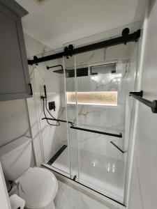 A stylish bathroom interior with a glass shower door and a toilet, emphasizing contemporary decor.