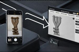 A smartphone camera pointed at a physical component generates an editable CAD model displayed on screen in two minutes, as shown in the Novineer Vision Hub interface.
