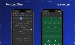 Football Xtra app screens in Arabic showing match results across Champions League, Saudi Pro League and Egyptian League alongside Bayern Munich starting lineup in 4-2-3-1 formation