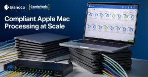  Compliant Apple Mac Processing at Scale from Blancco and Cambrionix. Sixteen laptops are shown connected to a single workstation via Cambrionix hub with Blancco erasure status on the workstation screen.