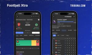 Football Xtra app screens showing Captain AI win probability of 66.4% for Arsenal in Champions League quarter-final and Premier League 2025/26 standings table with Arsenal top on 70 points