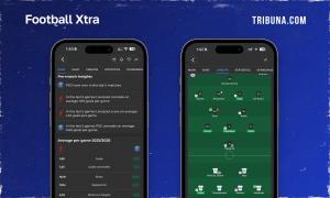 Football Xtra app screens showing pre-match analytics for Liverpool versus PSG with goals and shots averages for 2025/26 season and Manchester City starting lineup in 4-2-3-1 formation