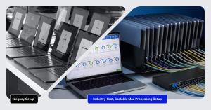 Legacy setup shows laptops placed side-by-side and in rows across a long table. Industry-first, scalable Mac processing setup shows a single open-laptop workstation with Blancco device progress icons and 16 closed laptops stood on end in a rack connected 