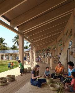 Local residents teach skills to Marou Village visitors under the shade and solar power of The O. The structure curves off into the background where there are other activities and an exhibition taking place. Children run throughout.