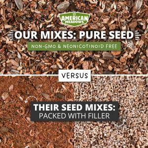 Comparison of wildflower seed mixes showing American Meadows 100 percent pure seed next to mixes containing large amounts of inert filler and lower visible seed content.