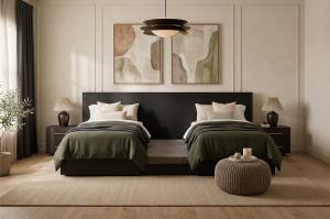 Motorized split king bed in open position with center platform visible, by Castaway Bed.