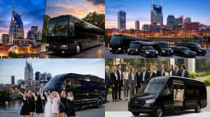 LuxNashRide Nashville limo service collage featuring executive vehicles, motor coach transportation, wedding group travel, and corporate transportation in Nashville