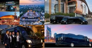 LuxNashRide Nashville limousine services collage featuring sporting event transportation, wedding group travel, executive shuttle vehicles, and large-group transportation in Nashville