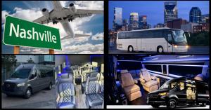 LuxNashRide Nashville transportation collage featuring airport travel, motor coach service, Sprinter van transportation, and luxury group travel options