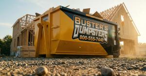 Buster's Dumpsters 20 yard dumpster rental at a new home construction framing site in Jackson MI with branded yellow dumpster and phone number 800-555-7440