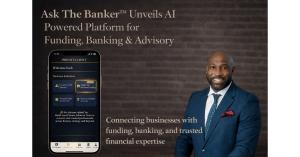 Ask The Banker™ AI-powered platform for business funding, banking, and advisory services displayed with mobile app interface and founder