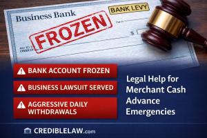 Business check marked “Frozen” with a bank levy stamp and gavel, representing legal challenges related to merchant cash advance disputes.