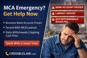 Distressed business owner reviewing documents beside warnings of a frozen bank account, lawsuit served, and ACH withdrawal issues related to merchant cash advances.