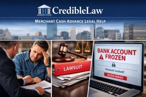 CredibleLaw banner with images of legal consultations, a lawsuit file, and a frozen bank account screen illustrating merchant cash advance legal support.