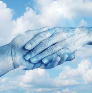 photo two hands in the clouds touching each other