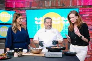 Chef Serge Krikorian of Vibrant Occasions Catering demonstrates grilled steak kabobs on THV11’s The Vine with co-hosts Ashley King and Tracy Beene.