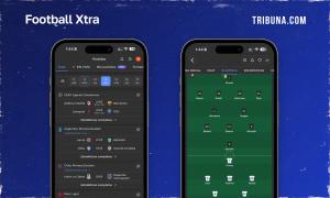 Pantallas de Football Xtra en español mostrando el centro de partidos con fixtures de Champions League y ligas sudamericanas, y la plantilla del Atlético de Madrid con formación 4-4-2