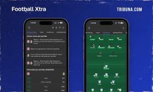 Pantallas de Football Xtra en español con análisis previo al partido Bayern Munich versus Real Madrid, estadísticas de goles y tiros por partido, y plantilla del Real Madrid con Mbappé y Vinicius