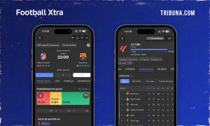 Pantallas de Football Xtra en español con probabilidad de ganar del 52,9% para el Barcelona en cuartos de final de Champions y tabla de La Liga 2025/26 con Barcelona primero con 79 puntos