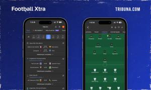 Écrans de Football Xtra en français montrant le centre des matchs avec les fixtures de la Ligue des champions et des ligues européennes, et la composition de Liverpool en 4-2-3-1 avec Salah et Dembélé